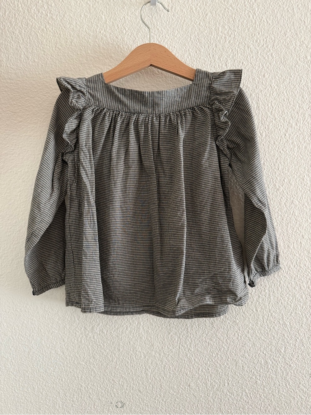 Kids Black & White Gingham Ruffle Yoke Blouse